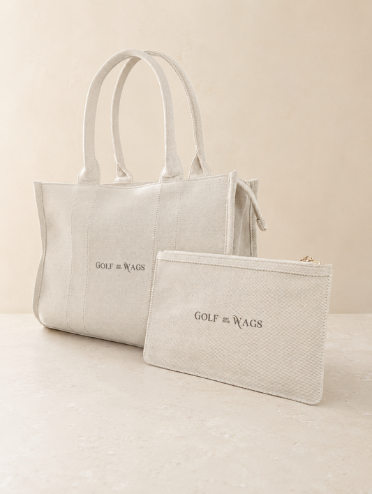 Premium Golf Wags structured Beige tote with Chocolate text design logo.