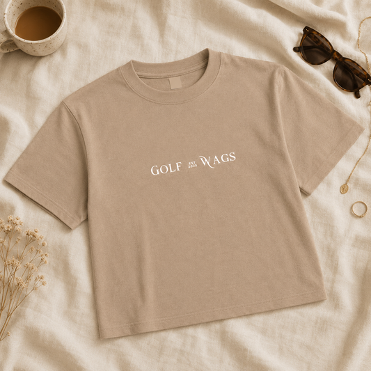 Cropped Oversized text design T-Shirt in Tan